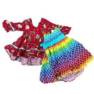 Blu Moon Handmade Girls Dresses Bundle Size 5 & 6 | Rainbow Mermaid Scales + Red